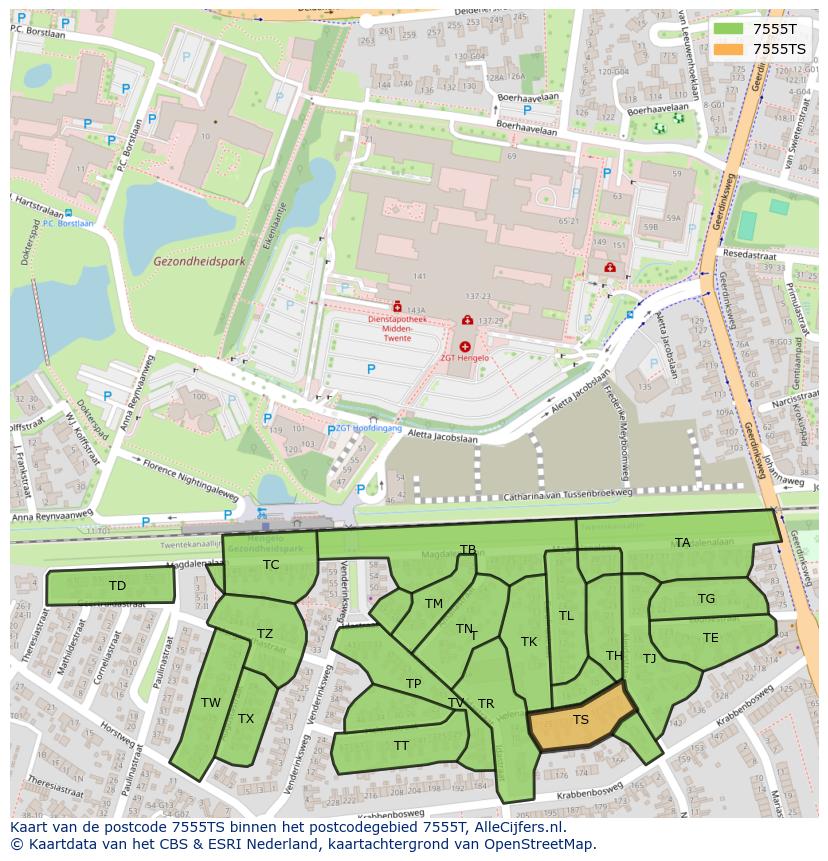 Afbeelding van het postcodegebied 7555 TS op de kaart.