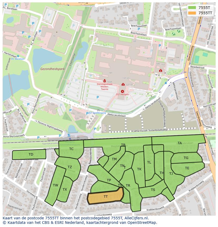 Afbeelding van het postcodegebied 7555 TT op de kaart.