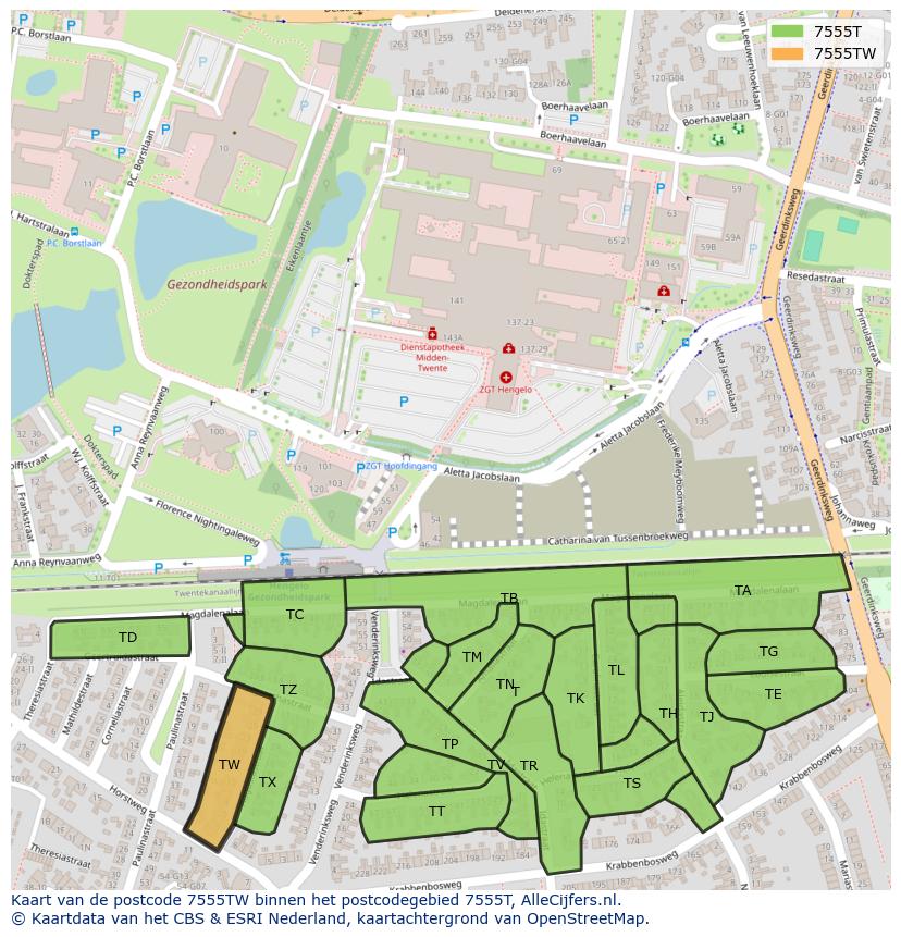 Afbeelding van het postcodegebied 7555 TW op de kaart.