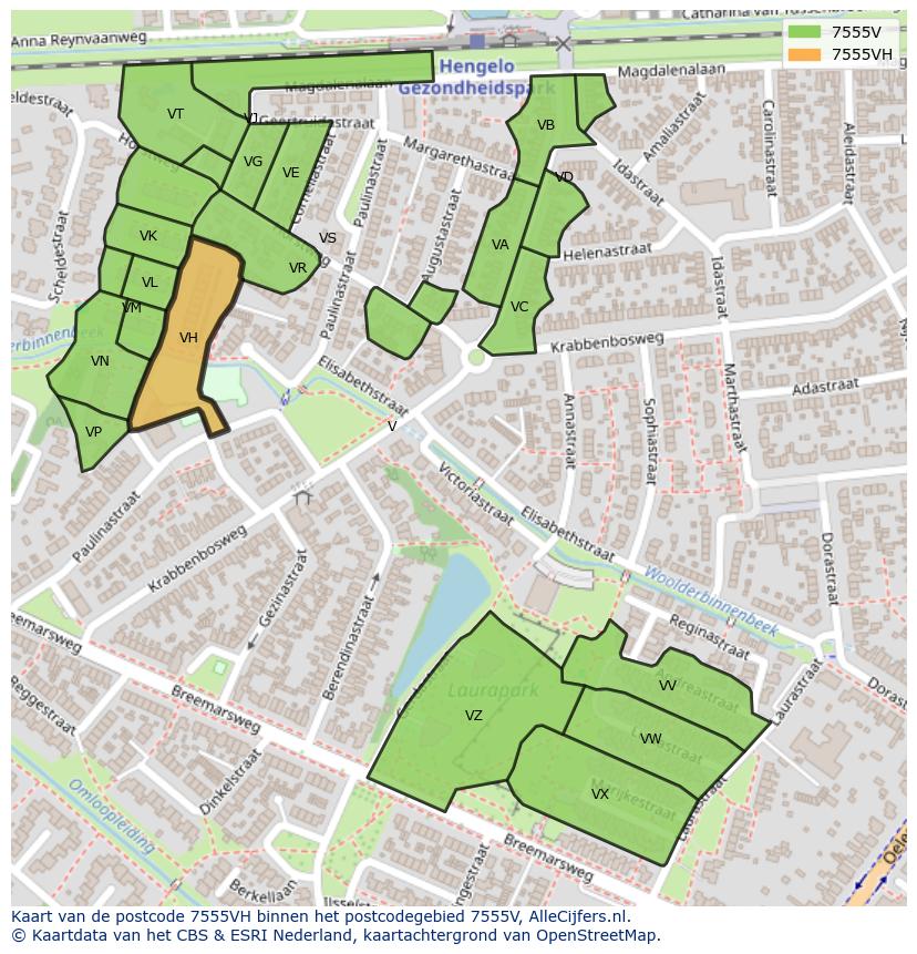Afbeelding van het postcodegebied 7555 VH op de kaart.