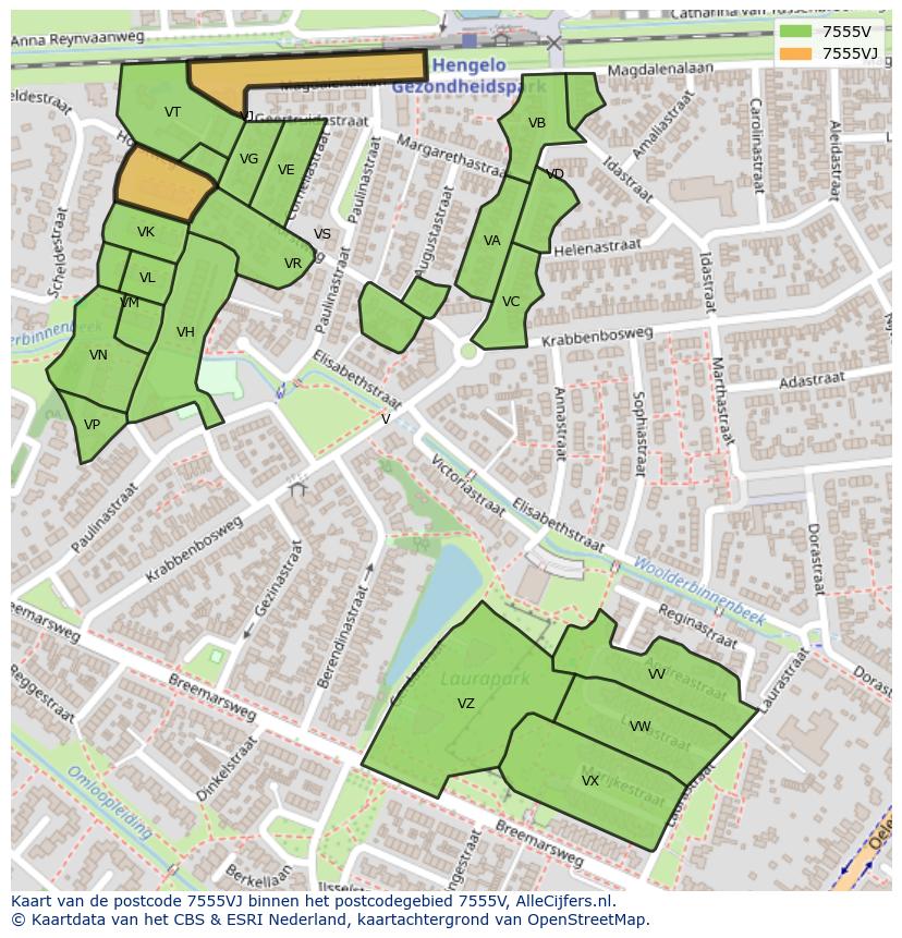 Afbeelding van het postcodegebied 7555 VJ op de kaart.