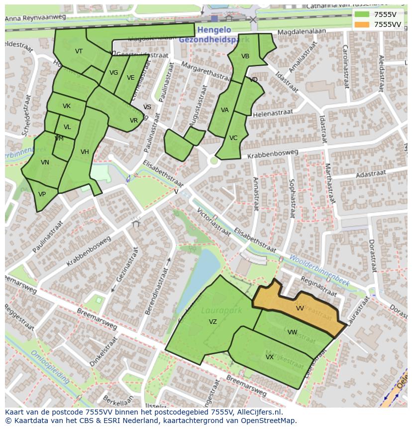 Afbeelding van het postcodegebied 7555 VV op de kaart.