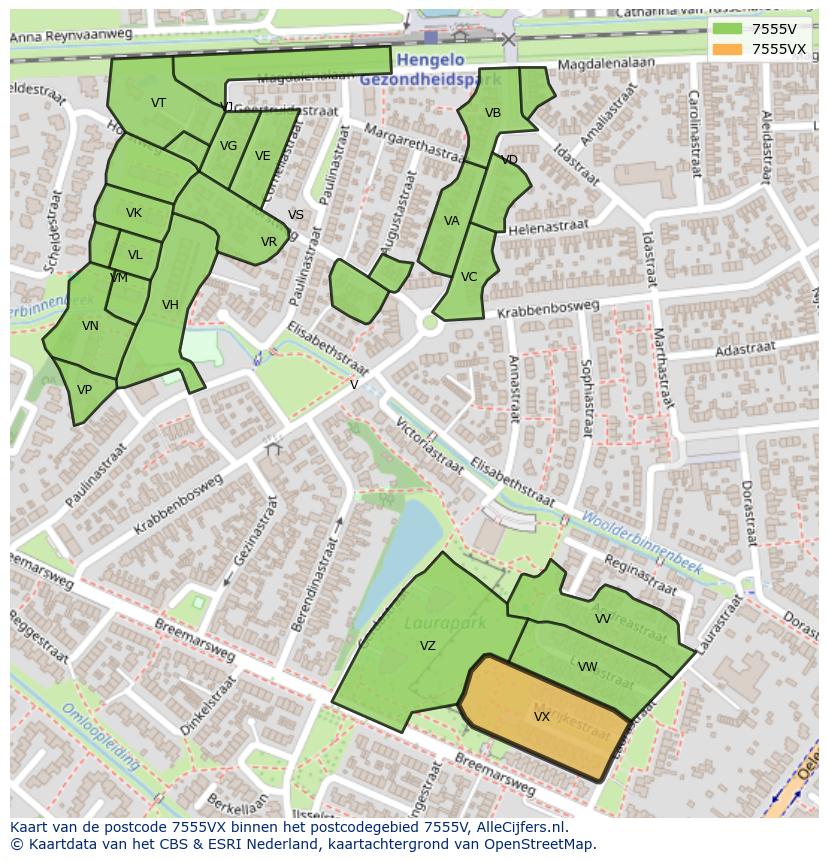 Afbeelding van het postcodegebied 7555 VX op de kaart.