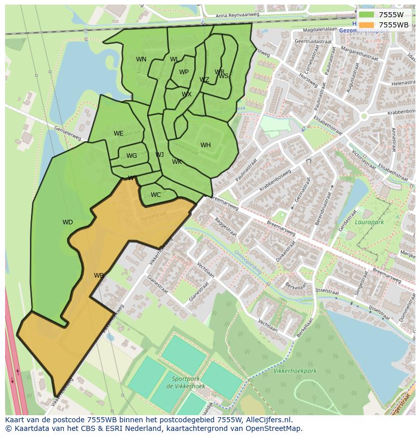 Afbeelding van het postcodegebied 7555 WB op de kaart.