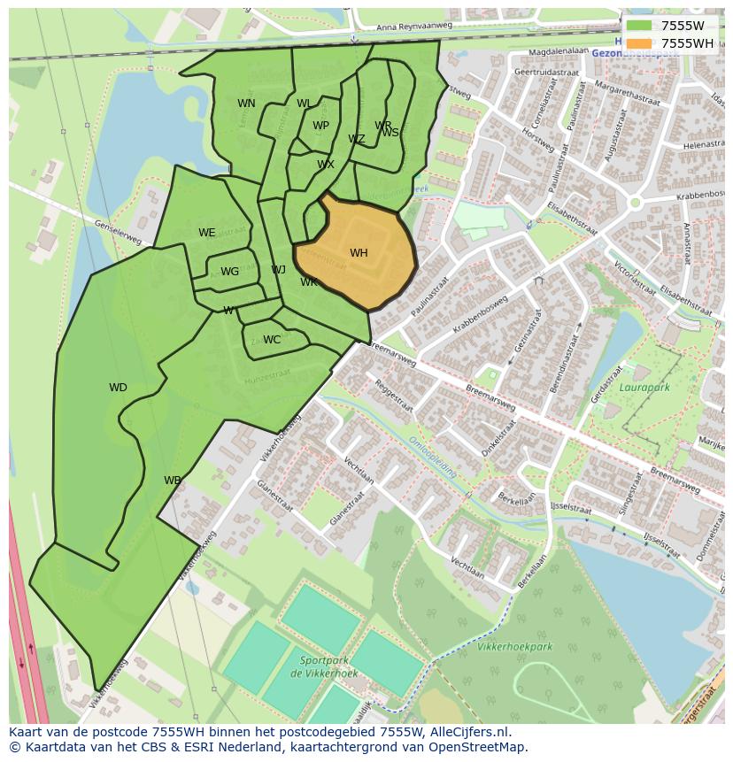 Afbeelding van het postcodegebied 7555 WH op de kaart.