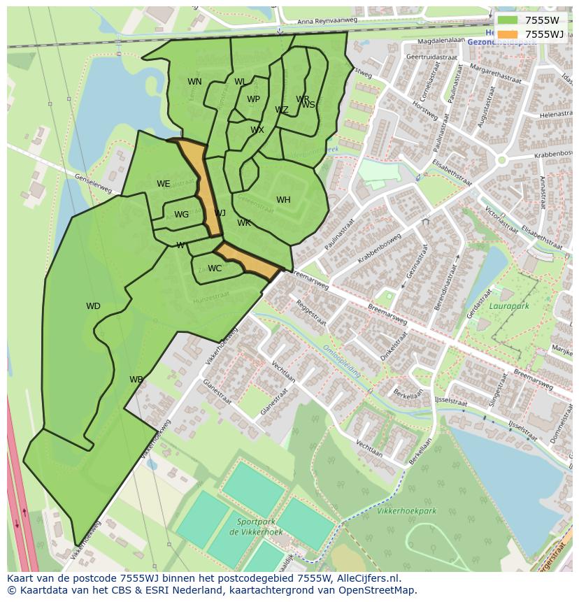 Afbeelding van het postcodegebied 7555 WJ op de kaart.