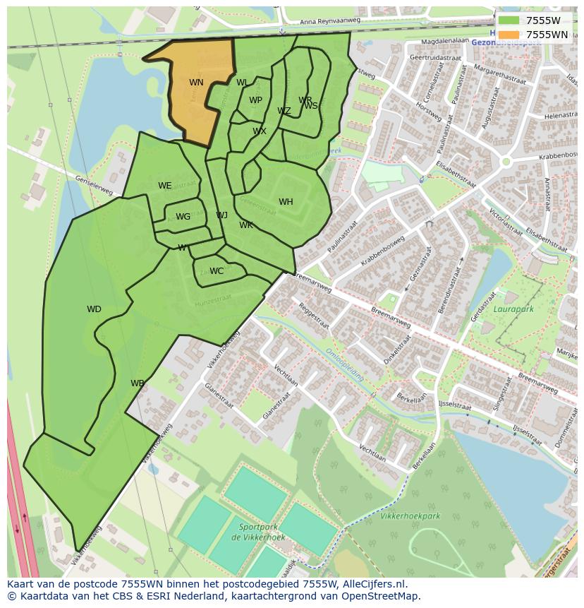 Afbeelding van het postcodegebied 7555 WN op de kaart.