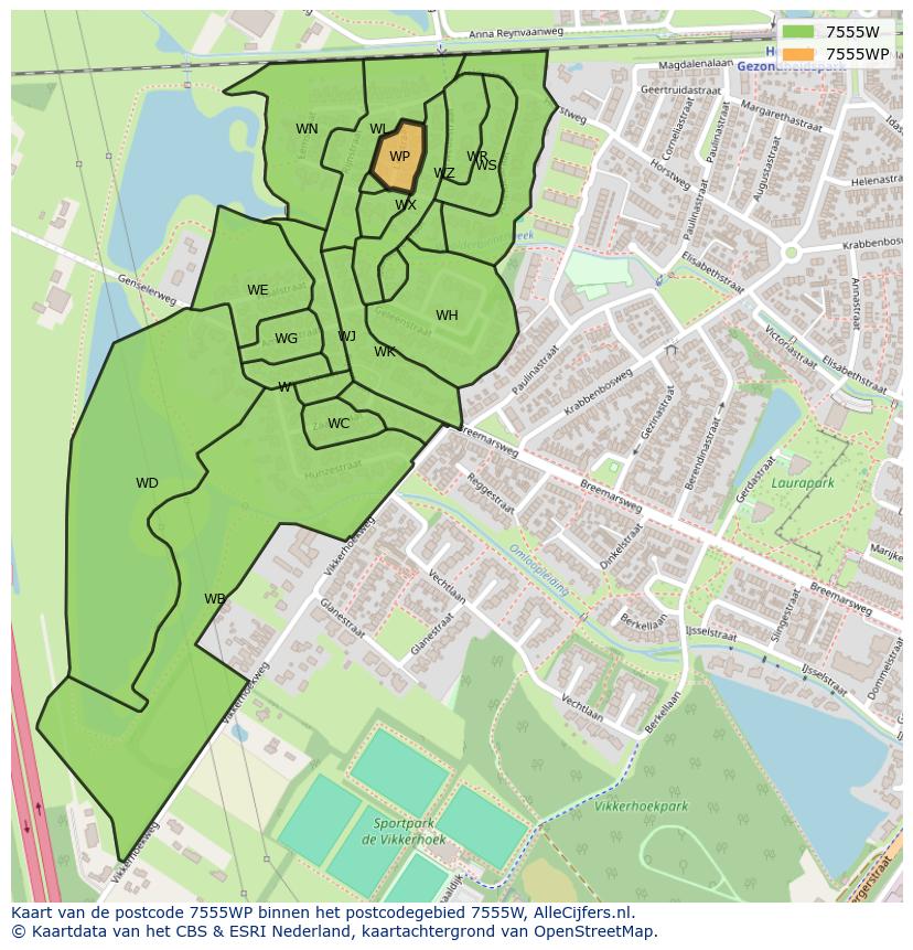 Afbeelding van het postcodegebied 7555 WP op de kaart.