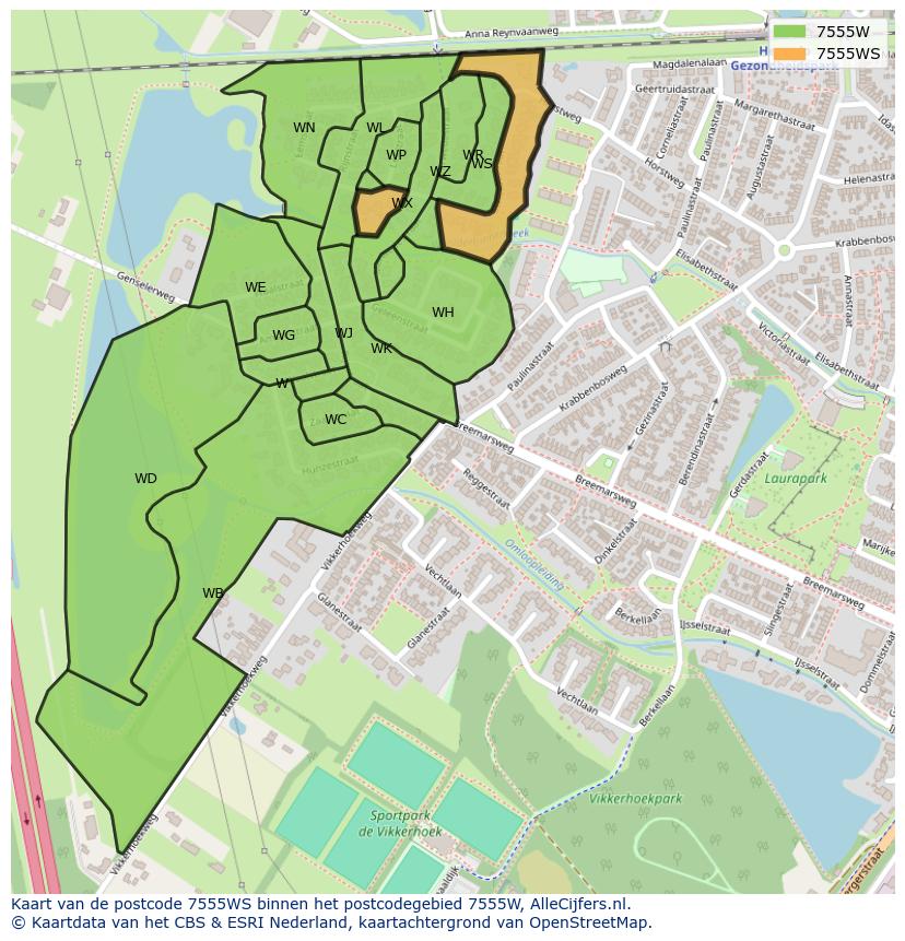 Afbeelding van het postcodegebied 7555 WS op de kaart.