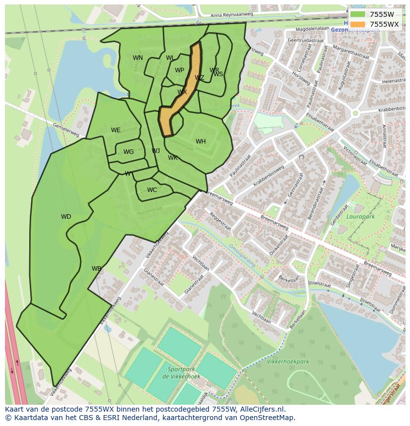 Afbeelding van het postcodegebied 7555 WX op de kaart.