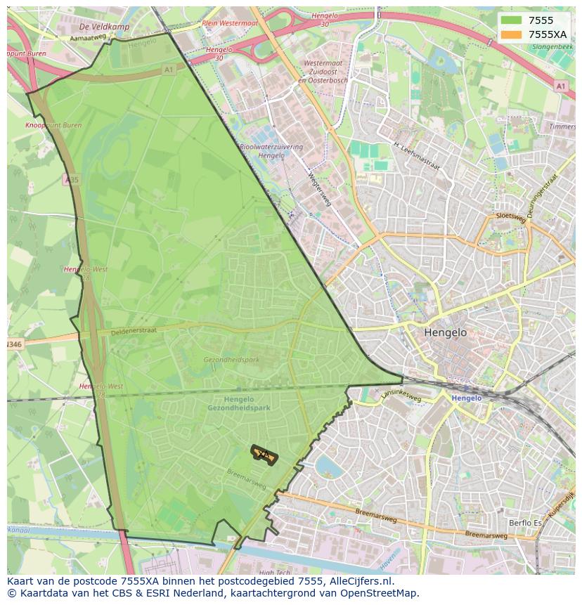 Afbeelding van het postcodegebied 7555 XA op de kaart.