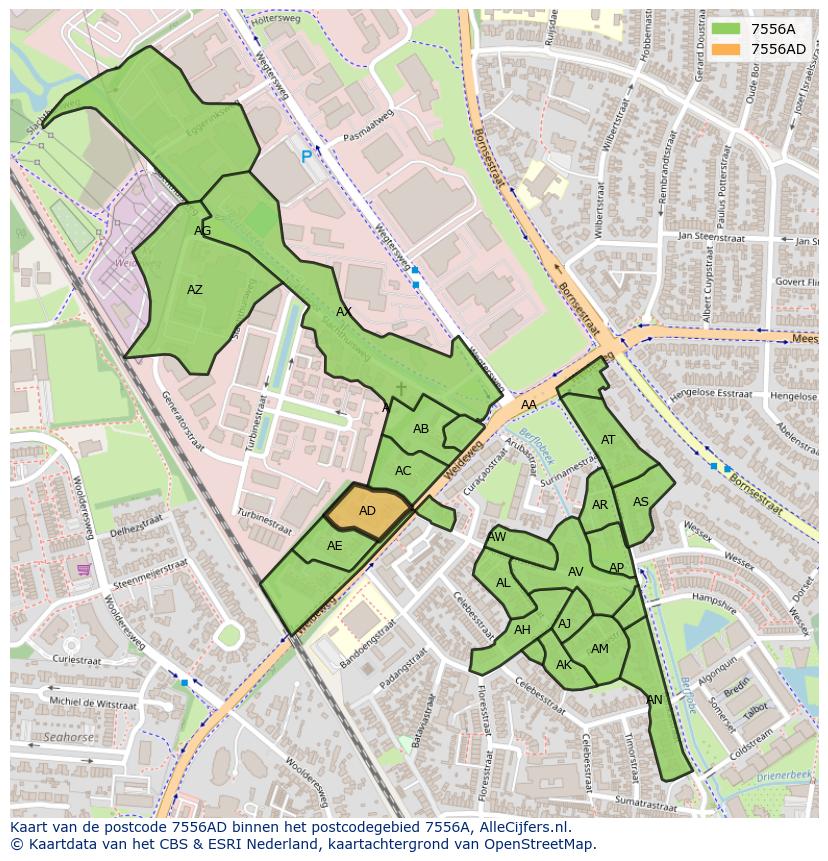 Afbeelding van het postcodegebied 7556 AD op de kaart.