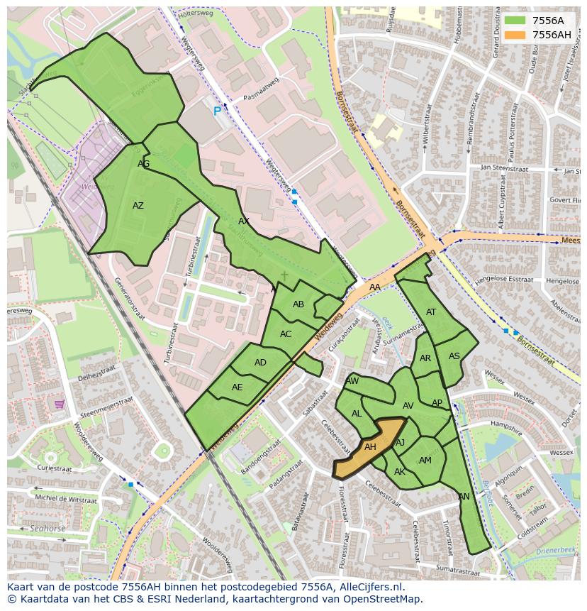 Afbeelding van het postcodegebied 7556 AH op de kaart.