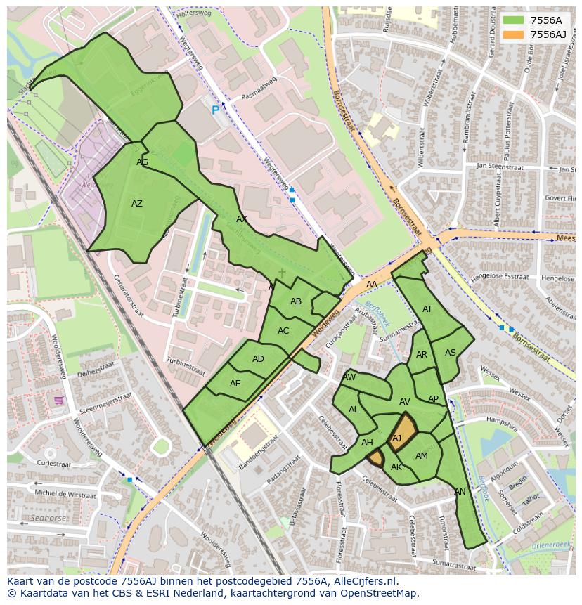 Afbeelding van het postcodegebied 7556 AJ op de kaart.