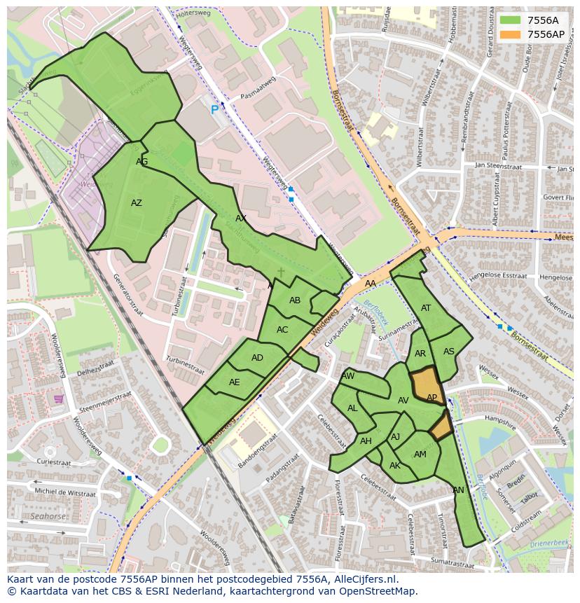 Afbeelding van het postcodegebied 7556 AP op de kaart.