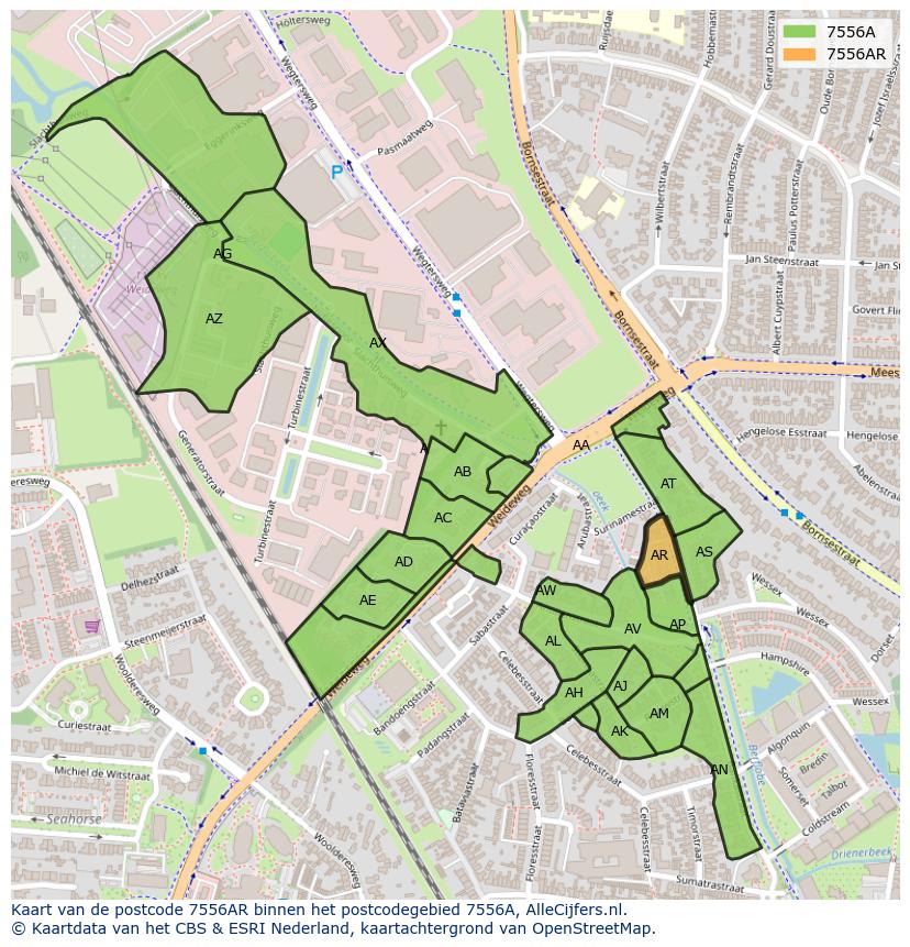 Afbeelding van het postcodegebied 7556 AR op de kaart.