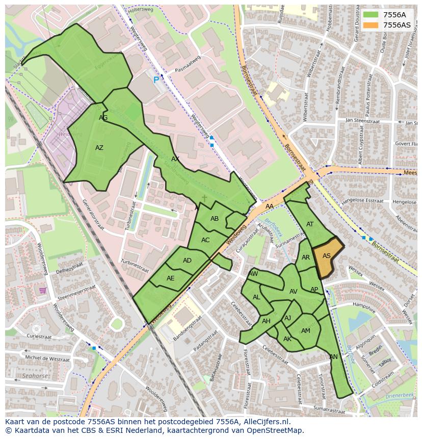 Afbeelding van het postcodegebied 7556 AS op de kaart.