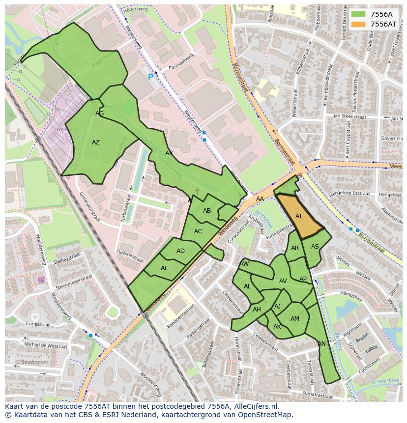 Afbeelding van het postcodegebied 7556 AT op de kaart.