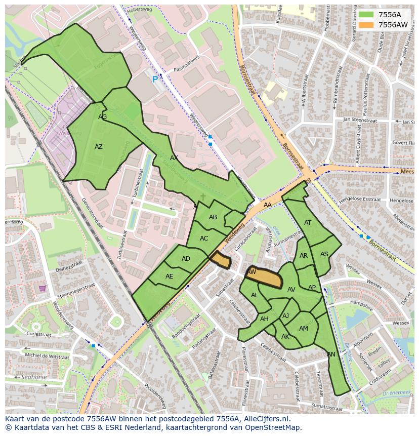Afbeelding van het postcodegebied 7556 AW op de kaart.