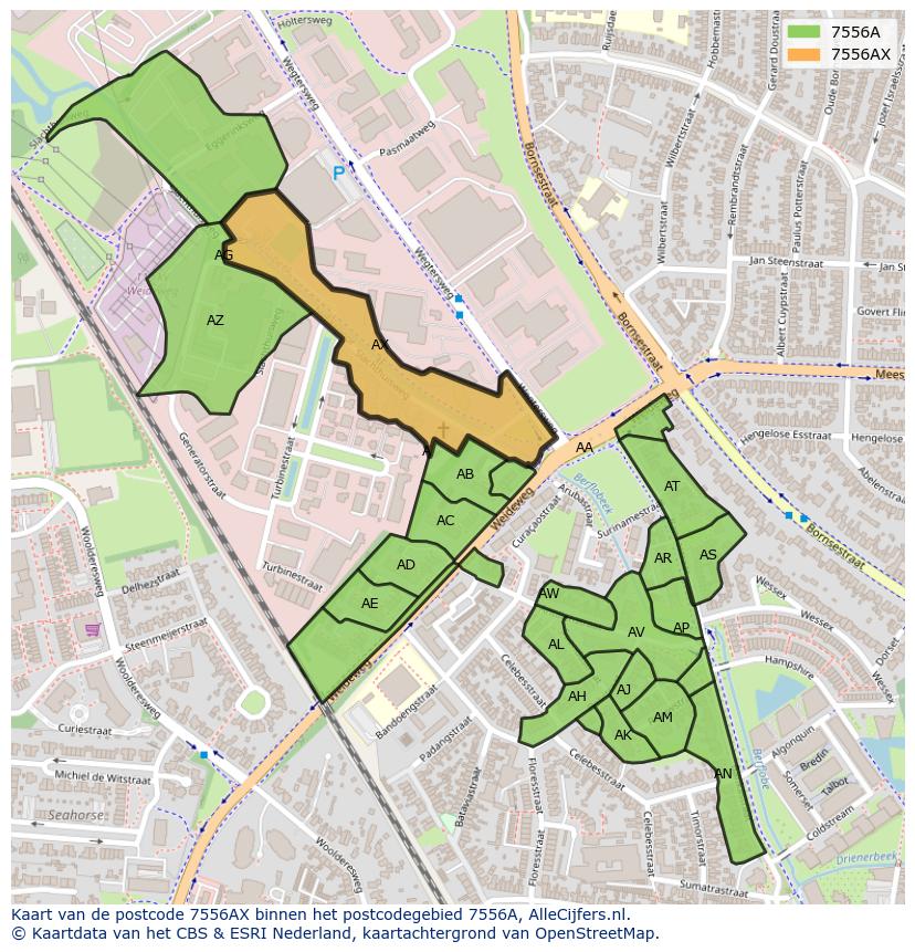 Afbeelding van het postcodegebied 7556 AX op de kaart.