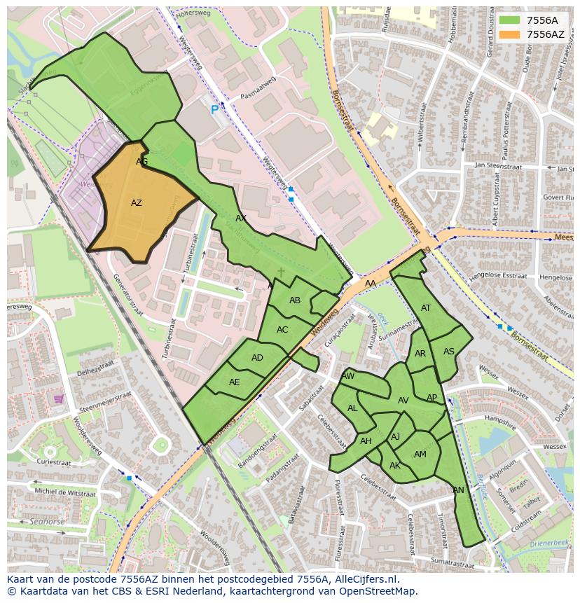 Afbeelding van het postcodegebied 7556 AZ op de kaart.