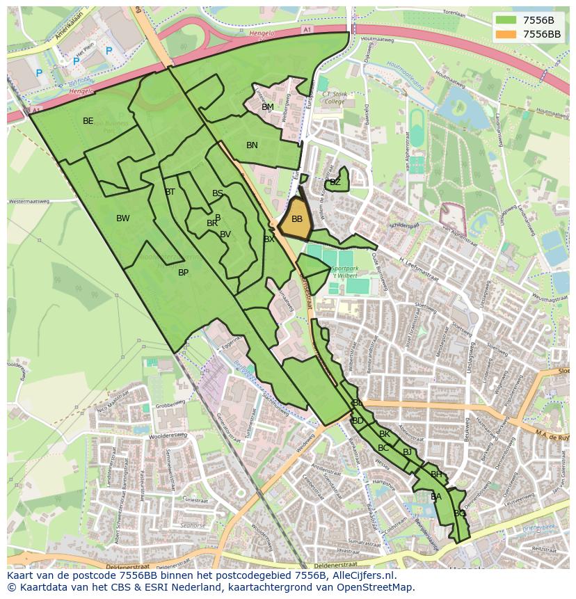 Afbeelding van het postcodegebied 7556 BB op de kaart.