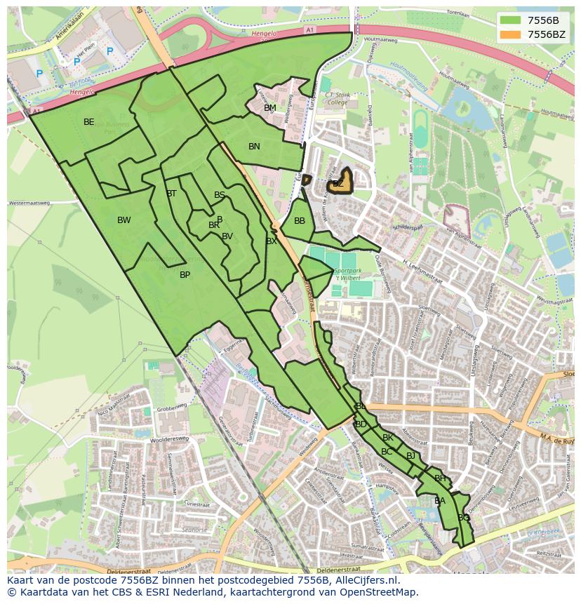 Afbeelding van het postcodegebied 7556 BZ op de kaart.