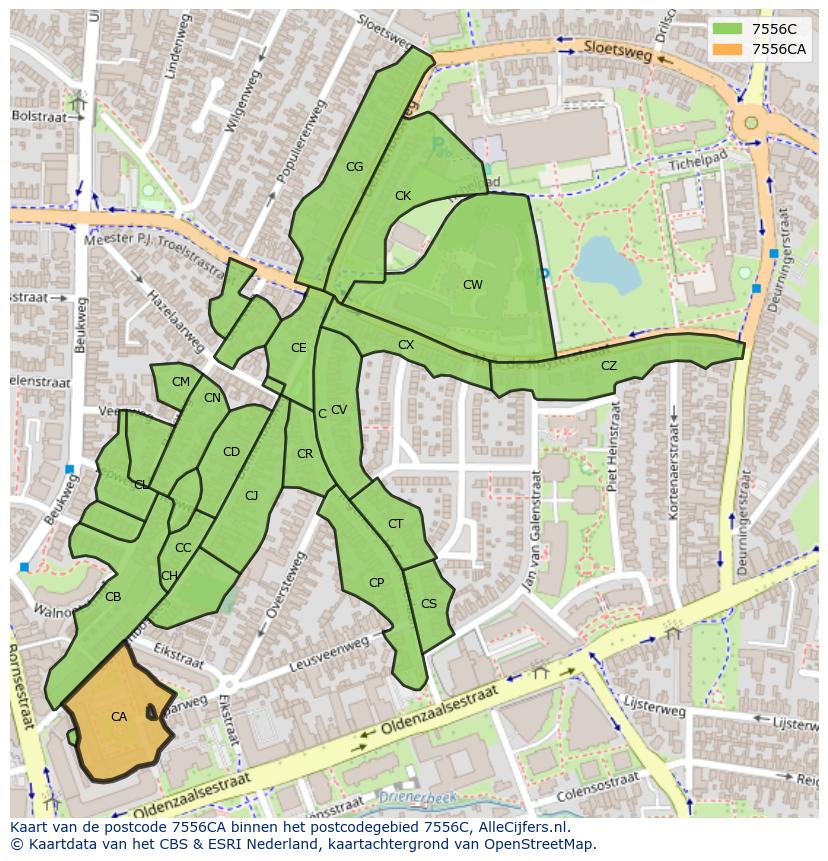 Afbeelding van het postcodegebied 7556 CA op de kaart.