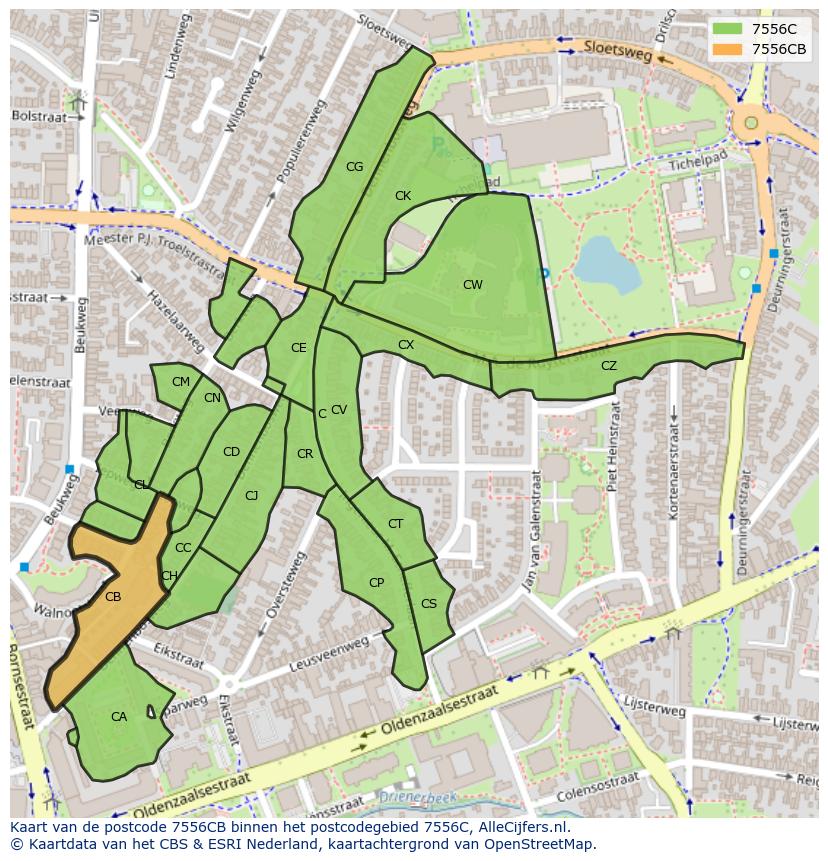 Afbeelding van het postcodegebied 7556 CB op de kaart.