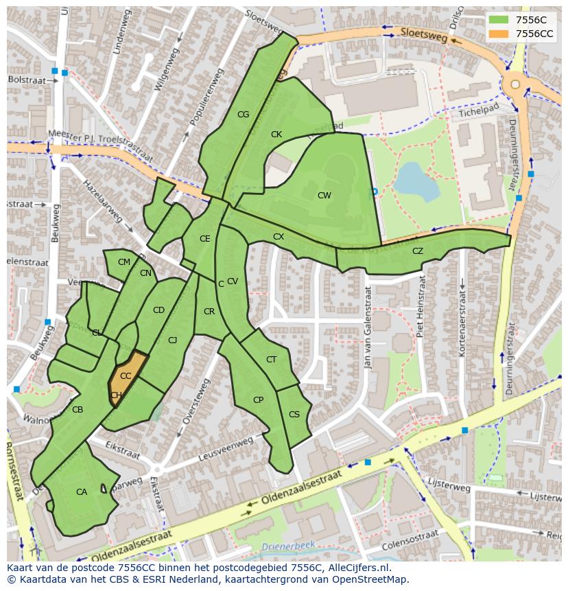 Afbeelding van het postcodegebied 7556 CC op de kaart.