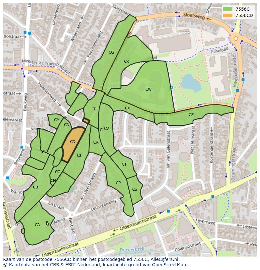 Afbeelding van het postcodegebied 7556 CD op de kaart.
