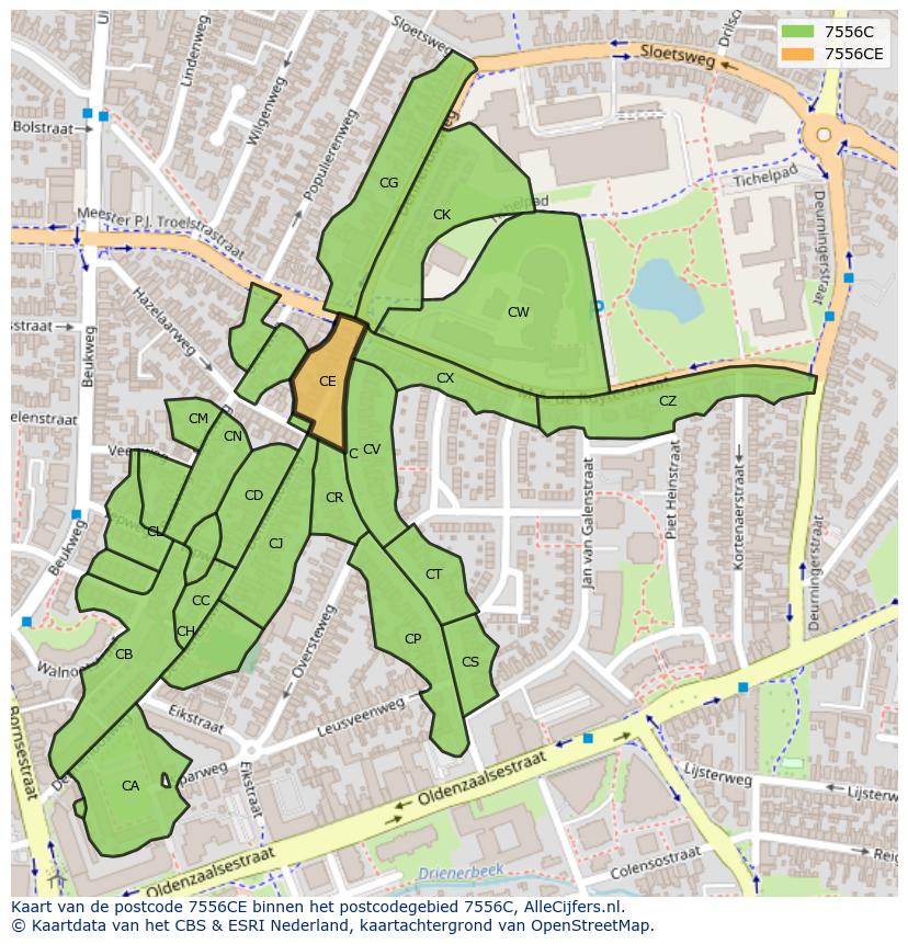 Afbeelding van het postcodegebied 7556 CE op de kaart.