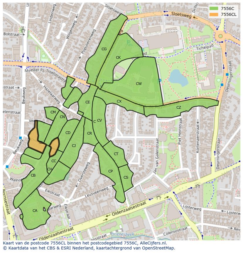 Afbeelding van het postcodegebied 7556 CL op de kaart.