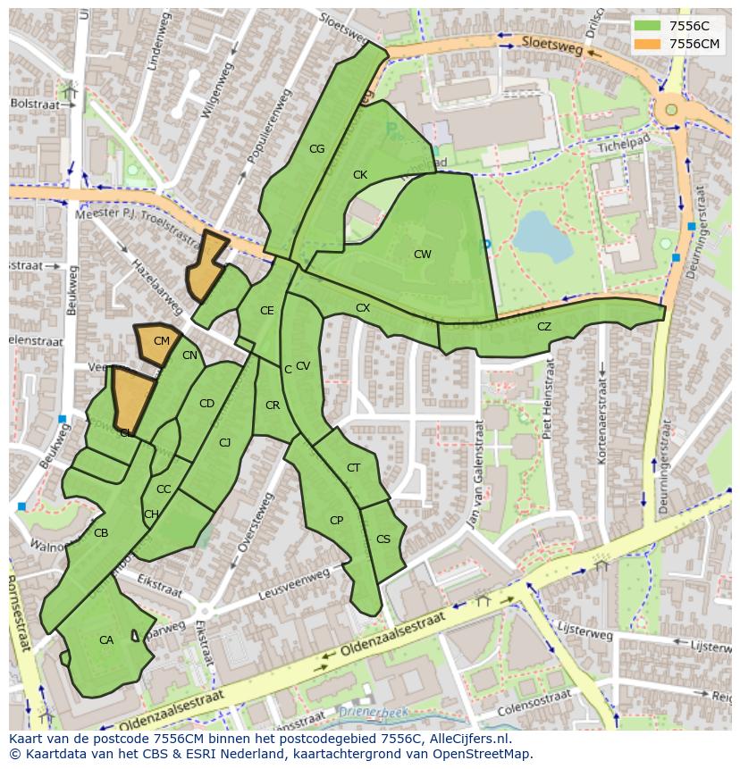 Afbeelding van het postcodegebied 7556 CM op de kaart.