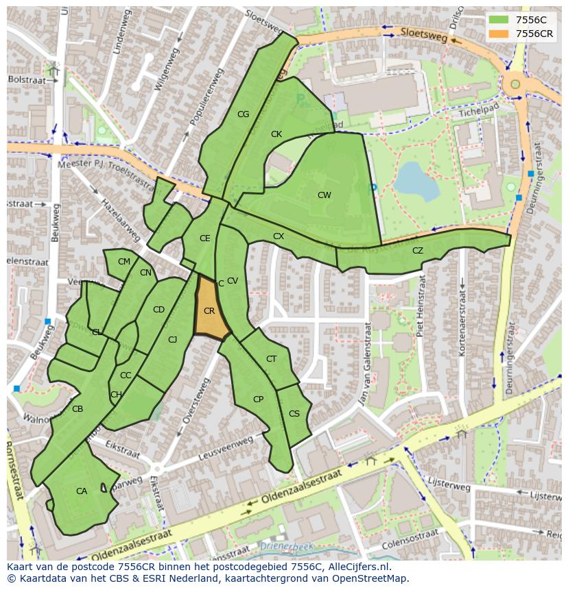 Afbeelding van het postcodegebied 7556 CR op de kaart.