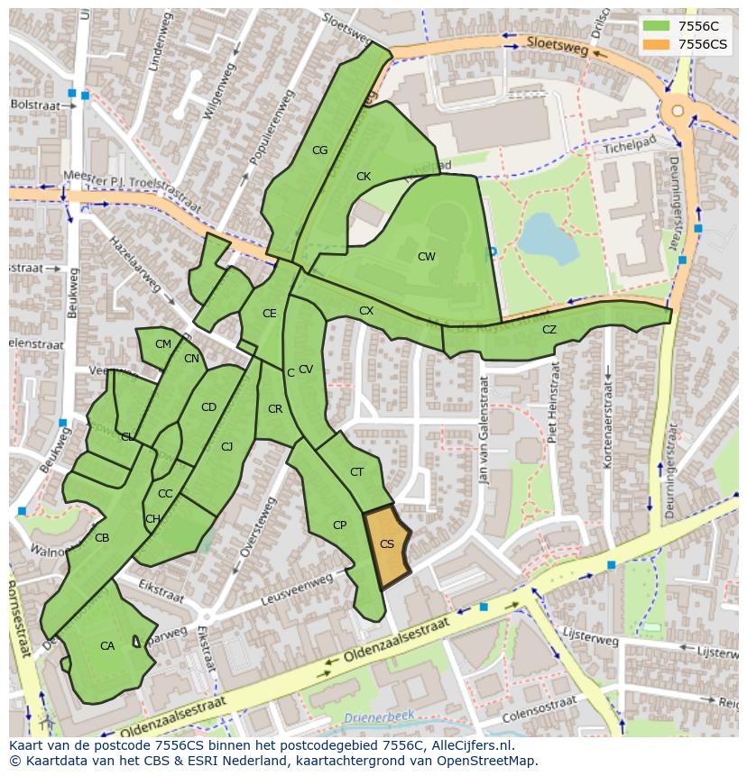 Afbeelding van het postcodegebied 7556 CS op de kaart.