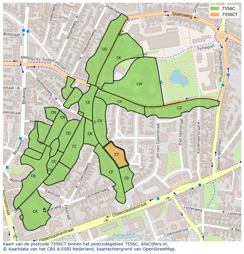 Afbeelding van het postcodegebied 7556 CT op de kaart.