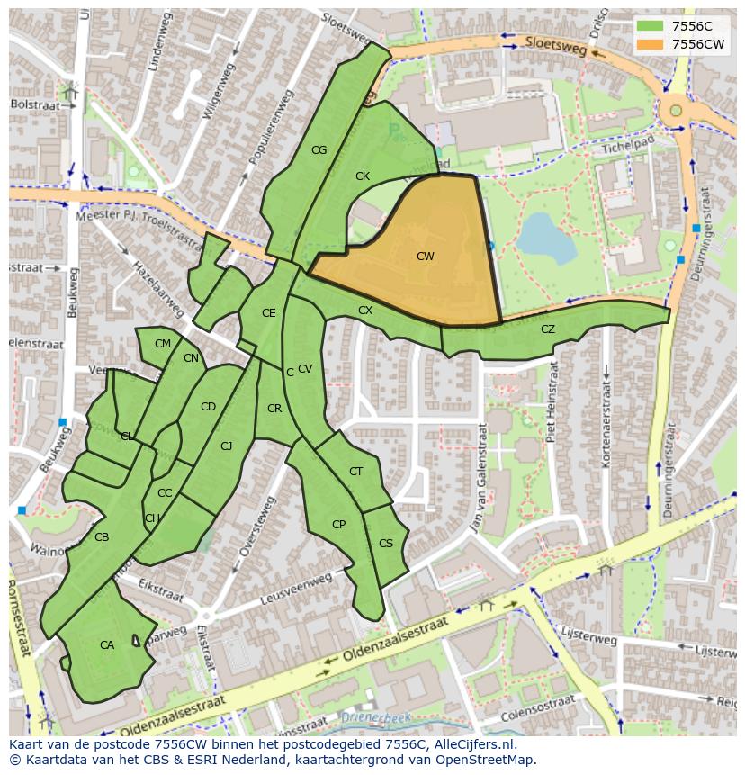 Afbeelding van het postcodegebied 7556 CW op de kaart.
