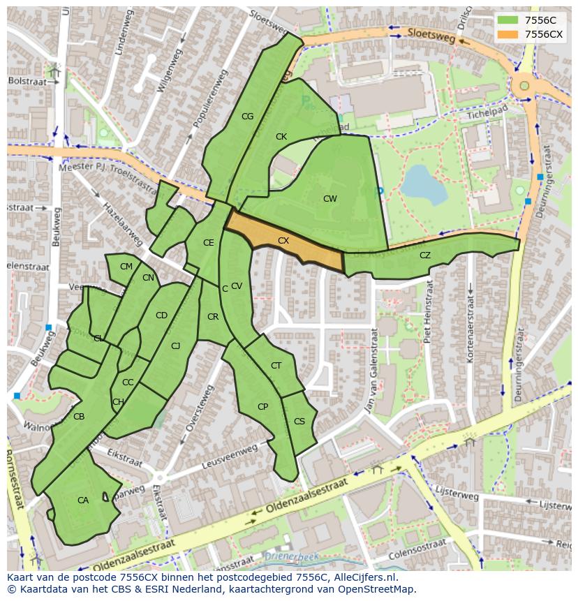 Afbeelding van het postcodegebied 7556 CX op de kaart.