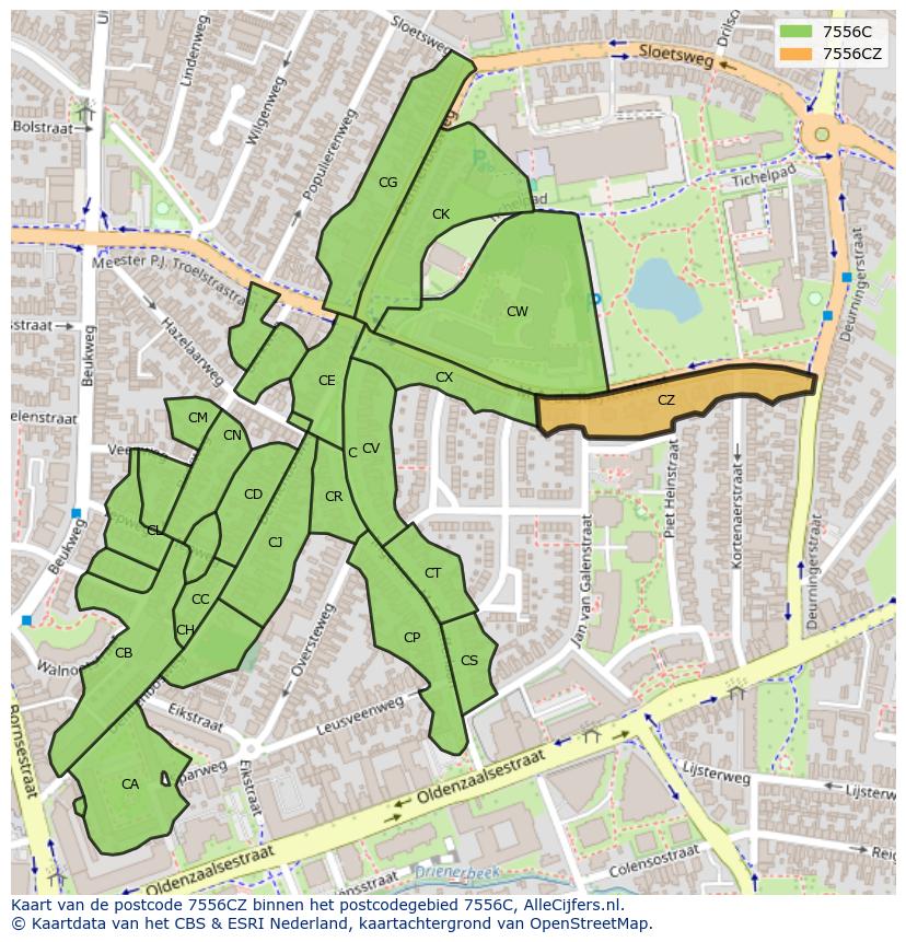 Afbeelding van het postcodegebied 7556 CZ op de kaart.