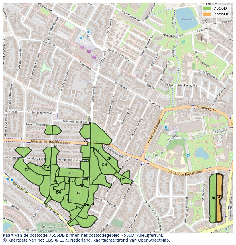 Afbeelding van het postcodegebied 7556 DB op de kaart.