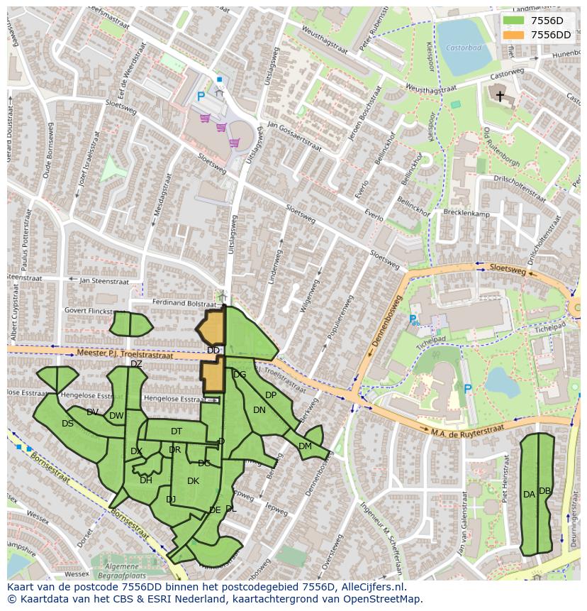 Afbeelding van het postcodegebied 7556 DD op de kaart.