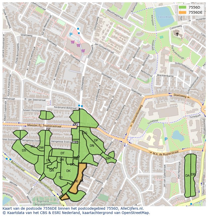 Afbeelding van het postcodegebied 7556 DE op de kaart.