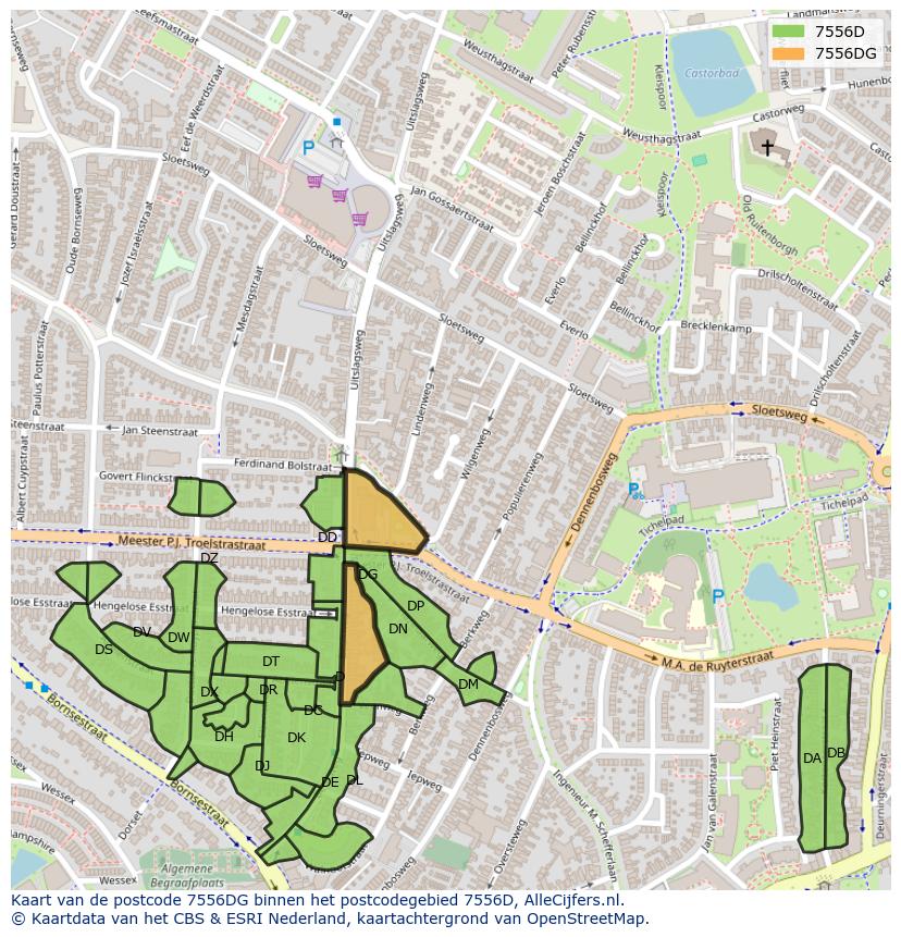 Afbeelding van het postcodegebied 7556 DG op de kaart.
