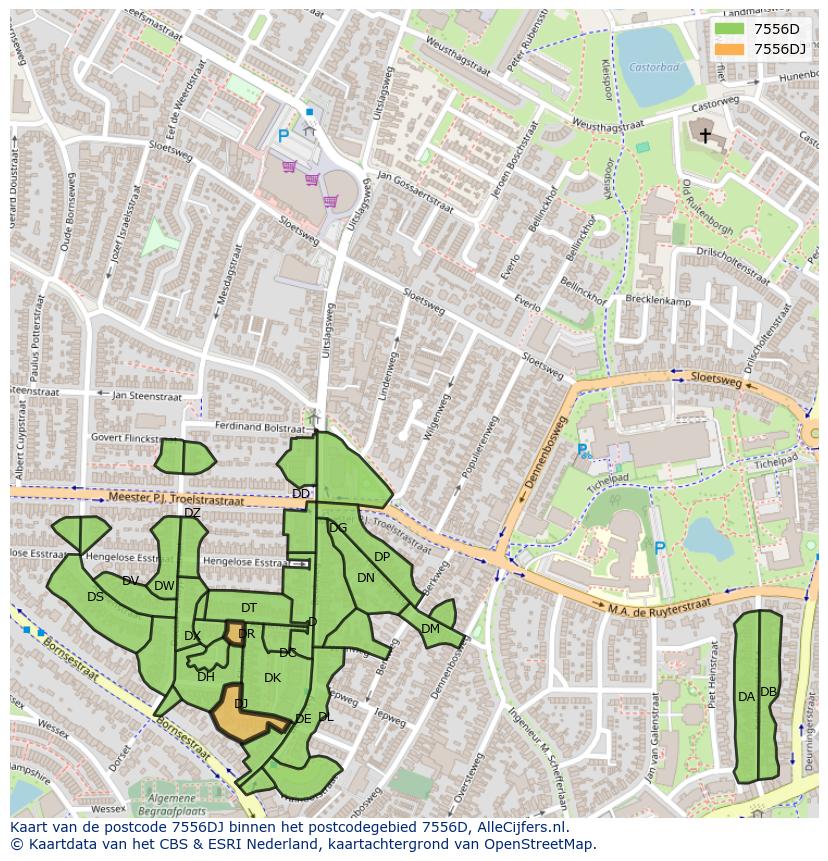 Afbeelding van het postcodegebied 7556 DJ op de kaart.