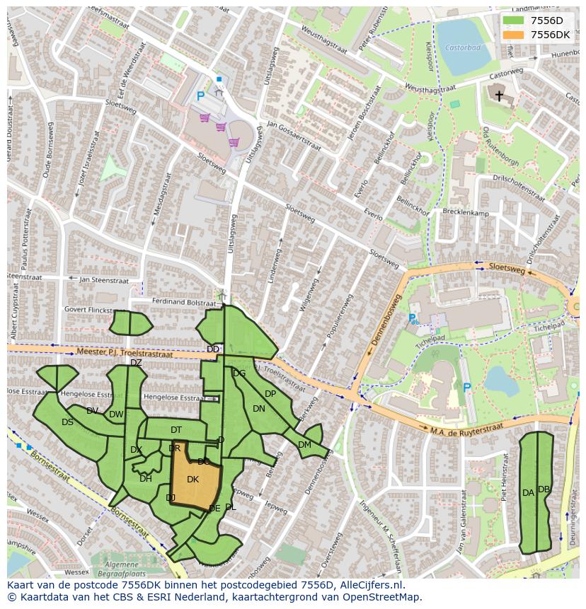 Afbeelding van het postcodegebied 7556 DK op de kaart.