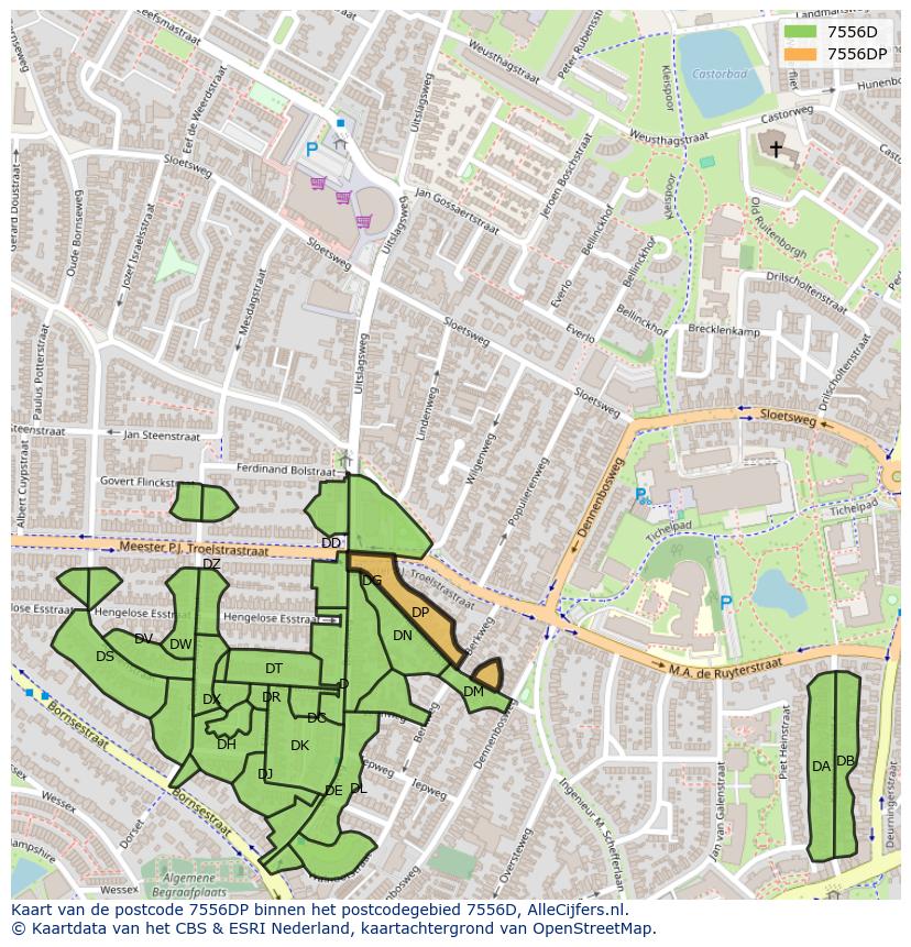 Afbeelding van het postcodegebied 7556 DP op de kaart.