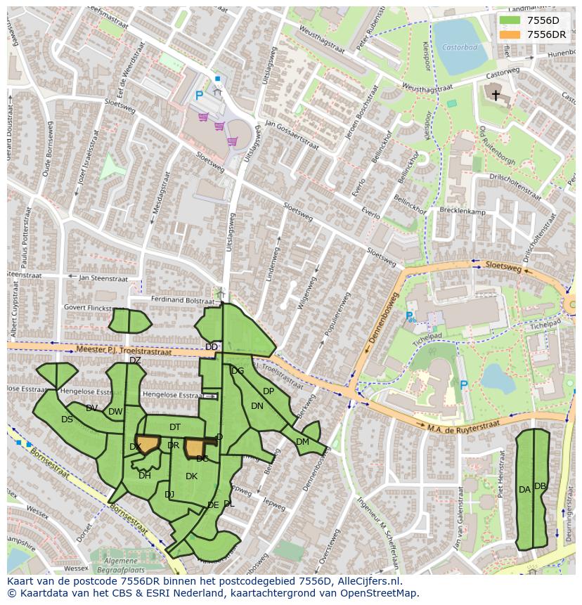 Afbeelding van het postcodegebied 7556 DR op de kaart.