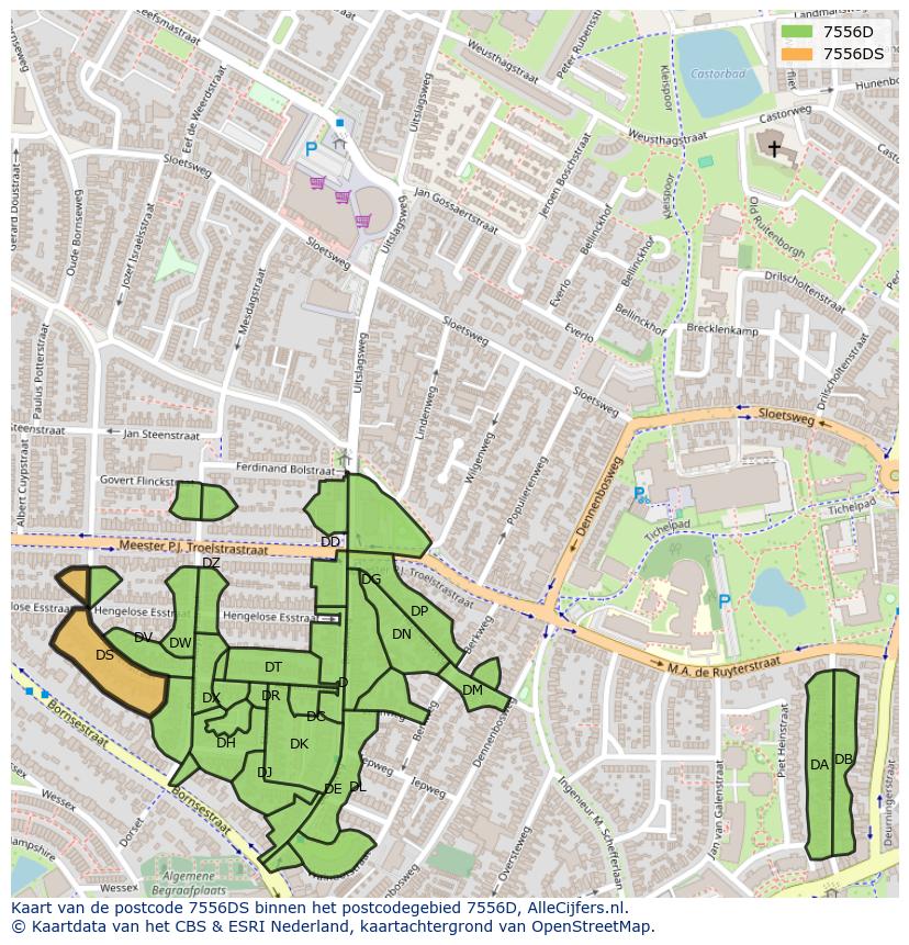 Afbeelding van het postcodegebied 7556 DS op de kaart.