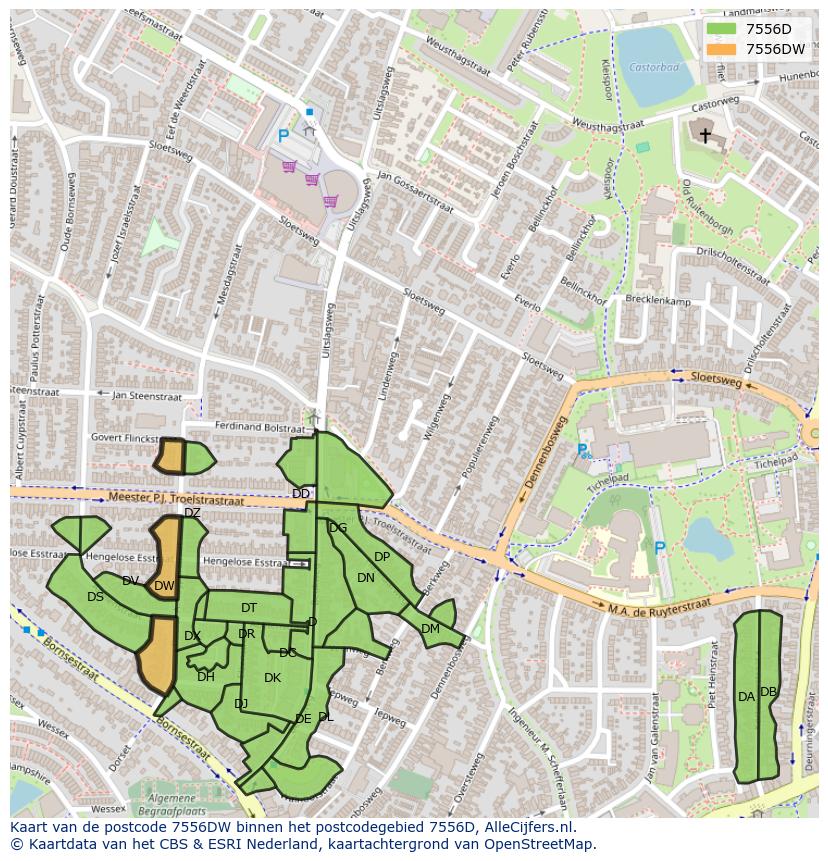 Afbeelding van het postcodegebied 7556 DW op de kaart.